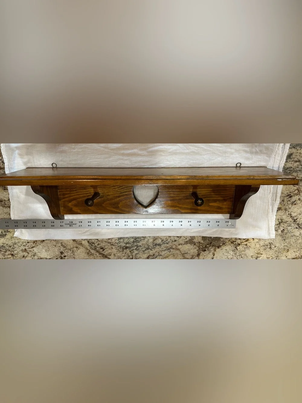 Vintage Wooden Wall Shelf • Heart Cutout • Large 24” • Primitive Peg Rack